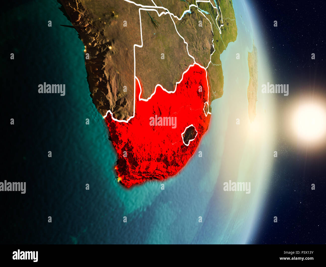 South Africa during sunrise highlighted in red on planet Earth with ...