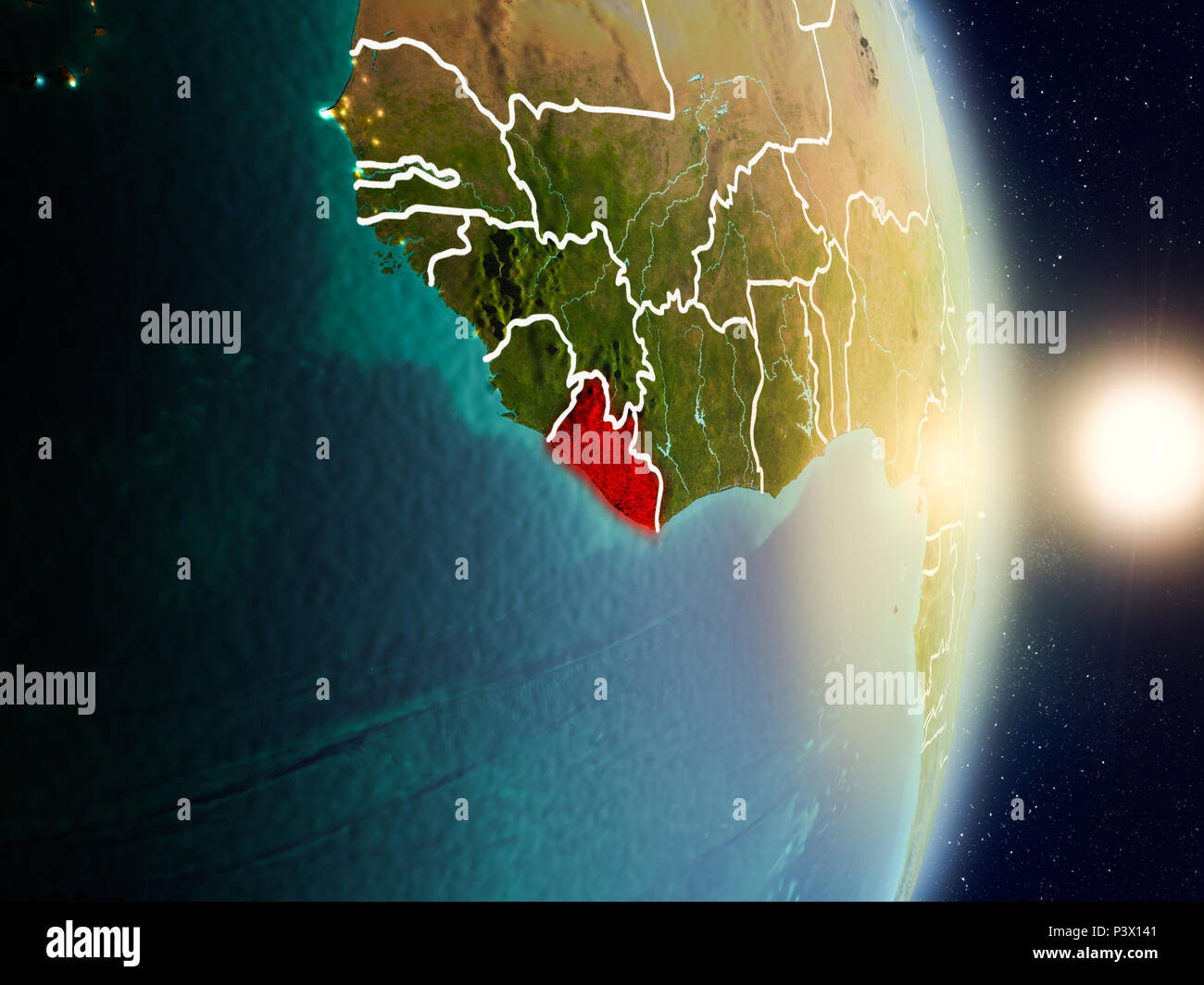 Liberia during sunrise highlighted in red on planet Earth with visible ...