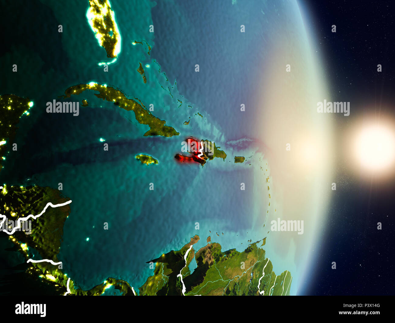 Haiti during sunrise highlighted in red on planet Earth with visible ...