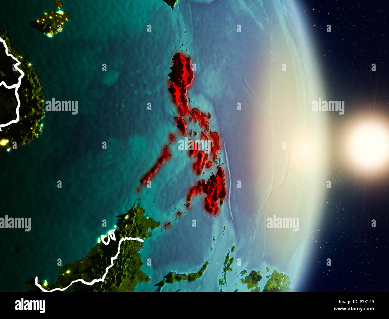 Philippines during sunrise highlighted in red on planet Earth with ...