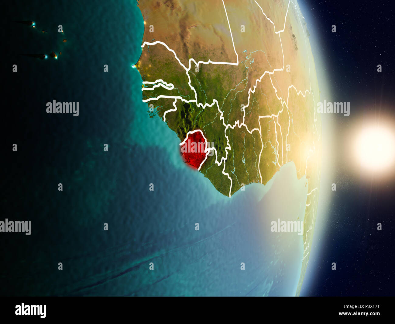Sierra Leone during sunrise highlighted in red on planet Earth with ...