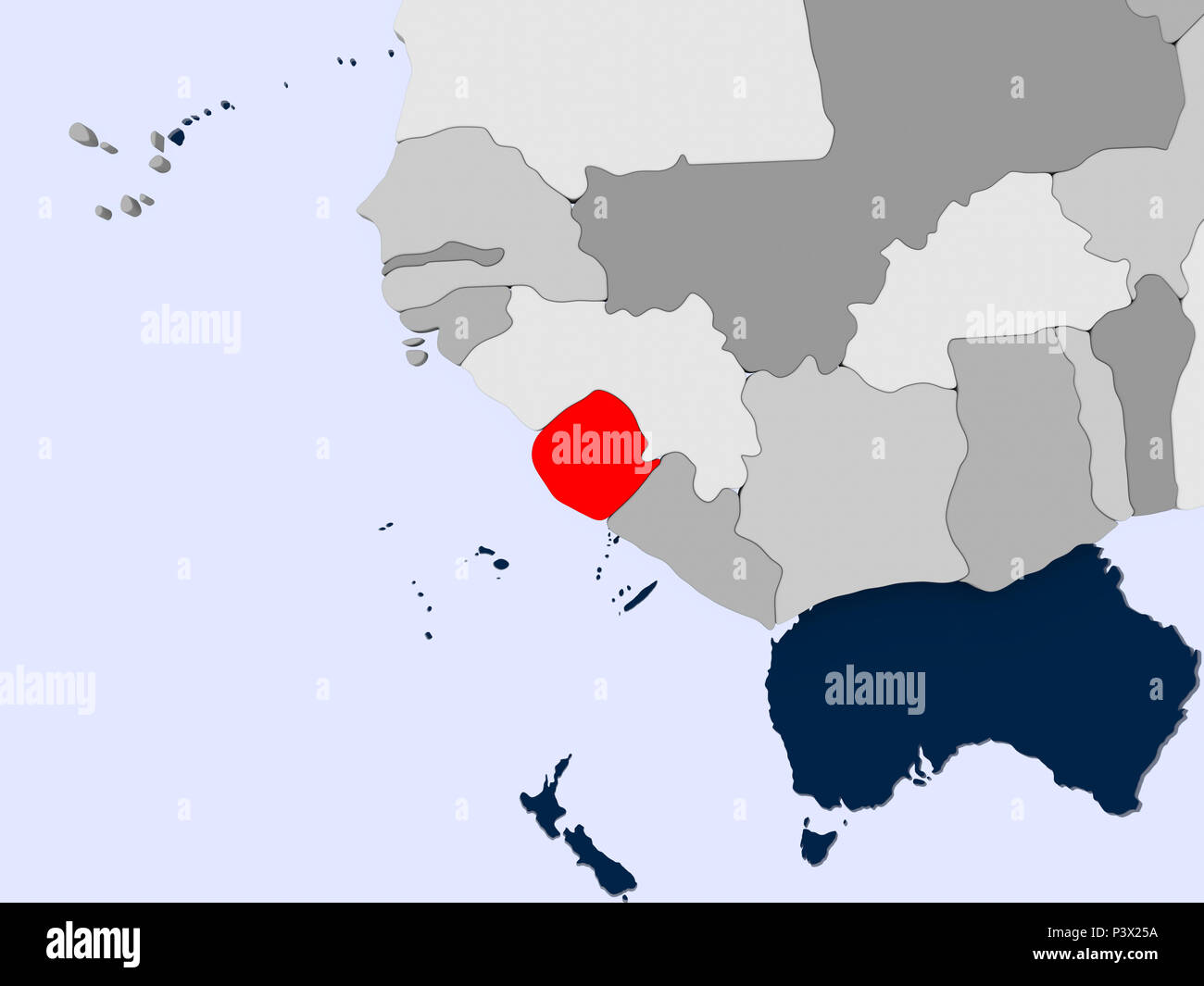 Sierra Leone in red on political map with transparent oceans. 3D ...
