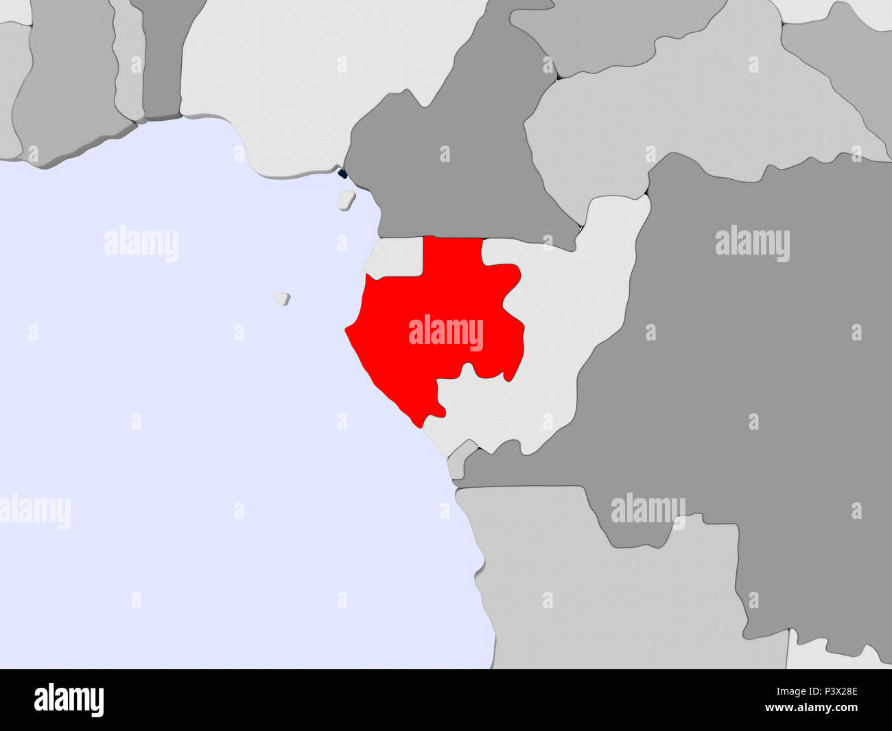 Gabon in red on political map with transparent oceans. 3D illustration ...