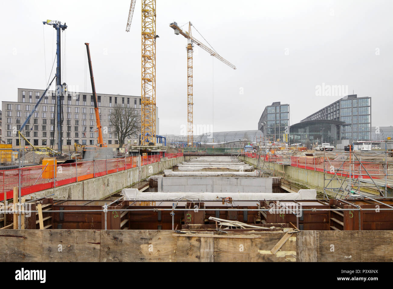 Berlin, Germany, construction site for the extension of the S 21 between Hauptbahnhof and Nordring in the Europacity in the Minna-Cauer-Strasse in Berlin-Moabit Stock Photo