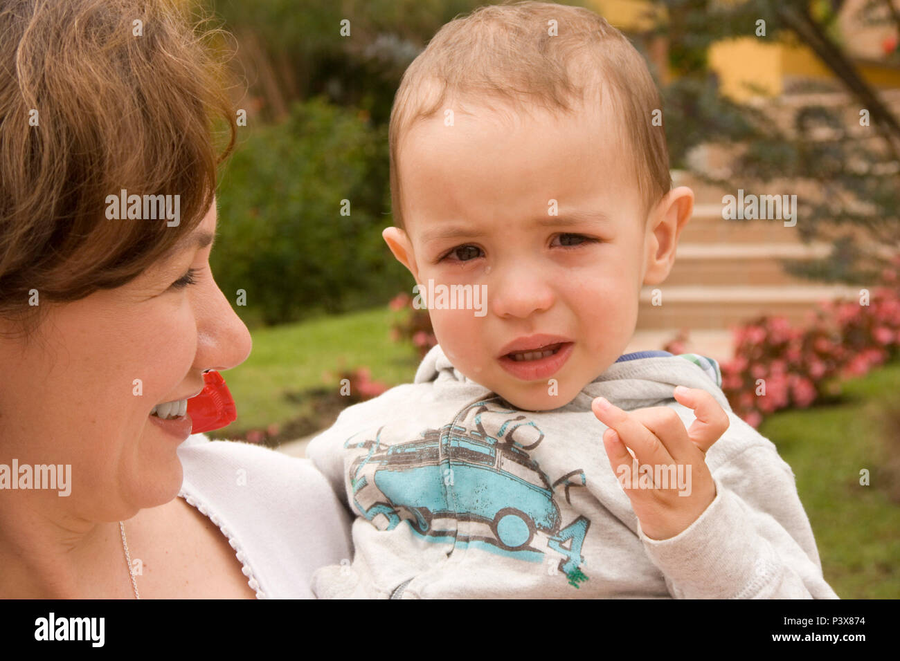 Portrait of family, Sad Son and Mother Stock Photo