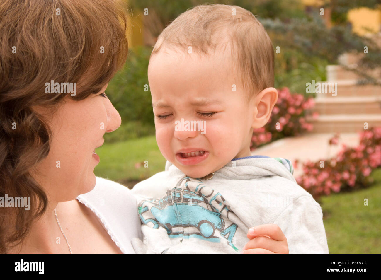 Portrait of family, Sad Son and Mother Stock Photo