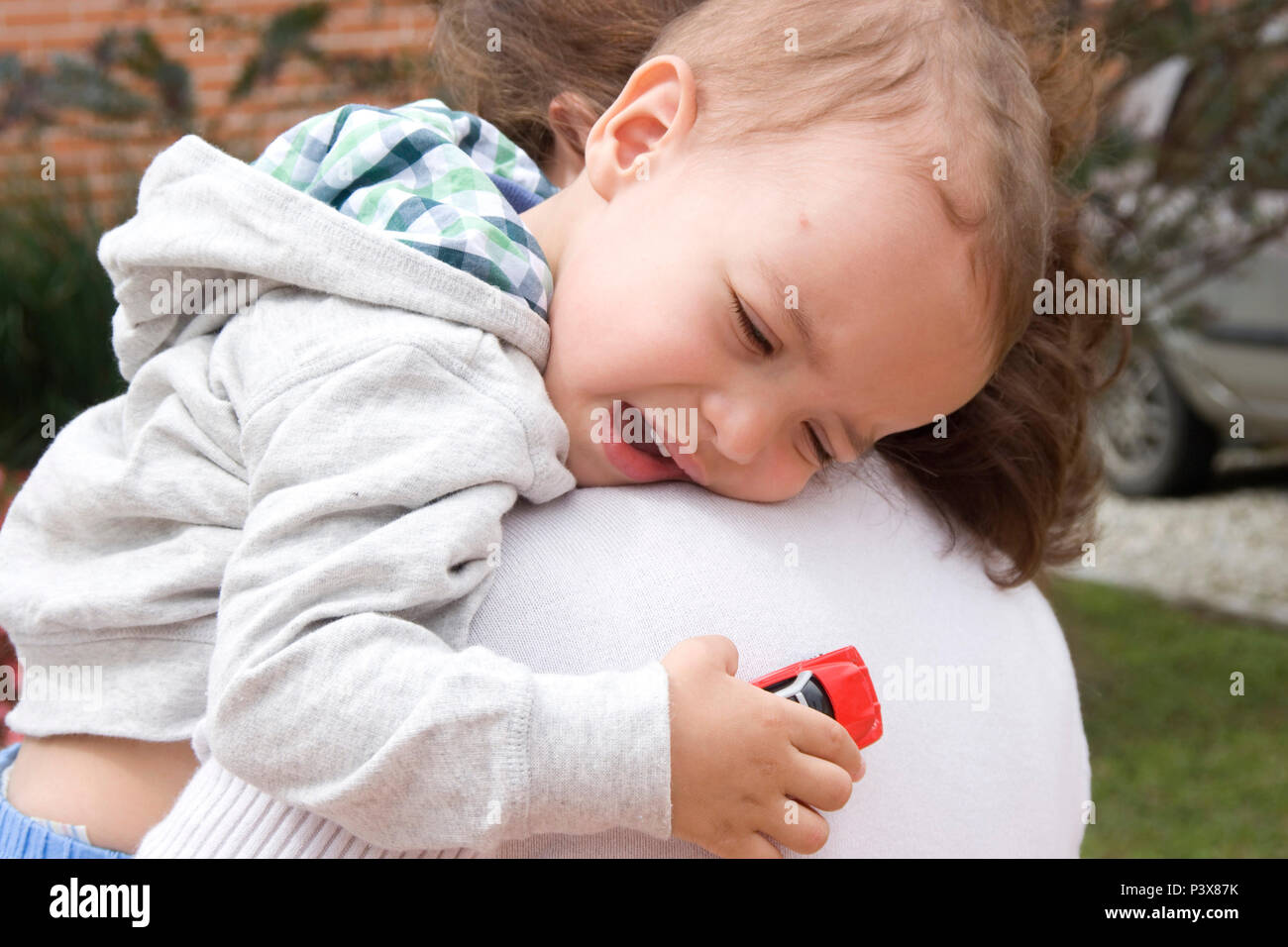 Portrait of family, Sad Son and Mother Stock Photo