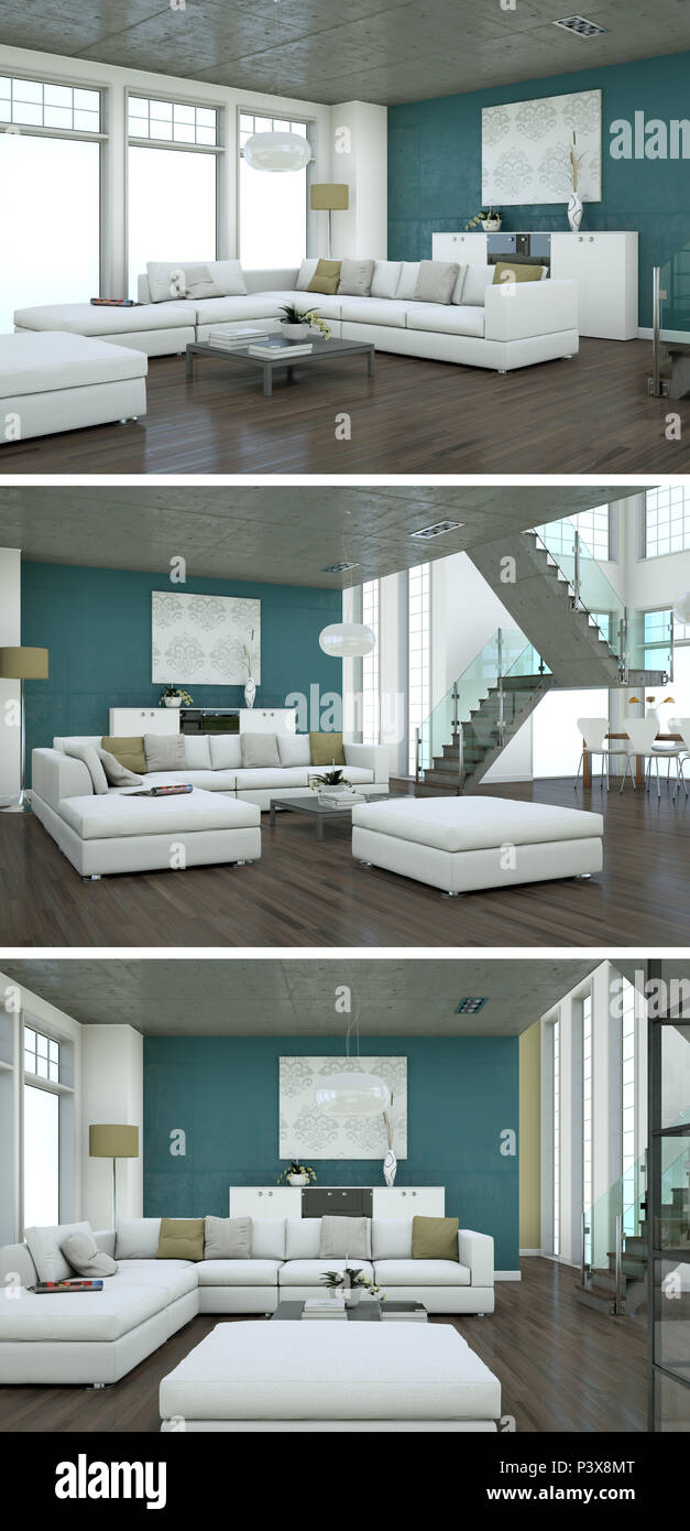 Three views of modern interior loft design with sofas 3d Rendering ...