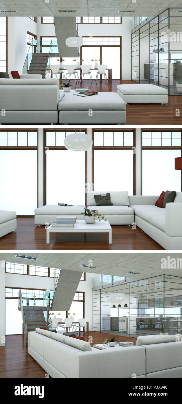 Three views of modern interior loft design with sofas 3d Rendering ...