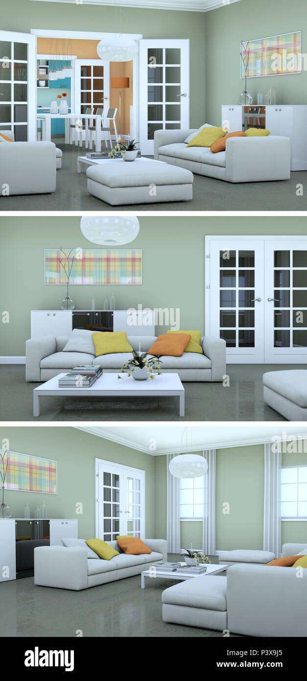 Three views of modern interior loft design with sofas 3d Rendering ...