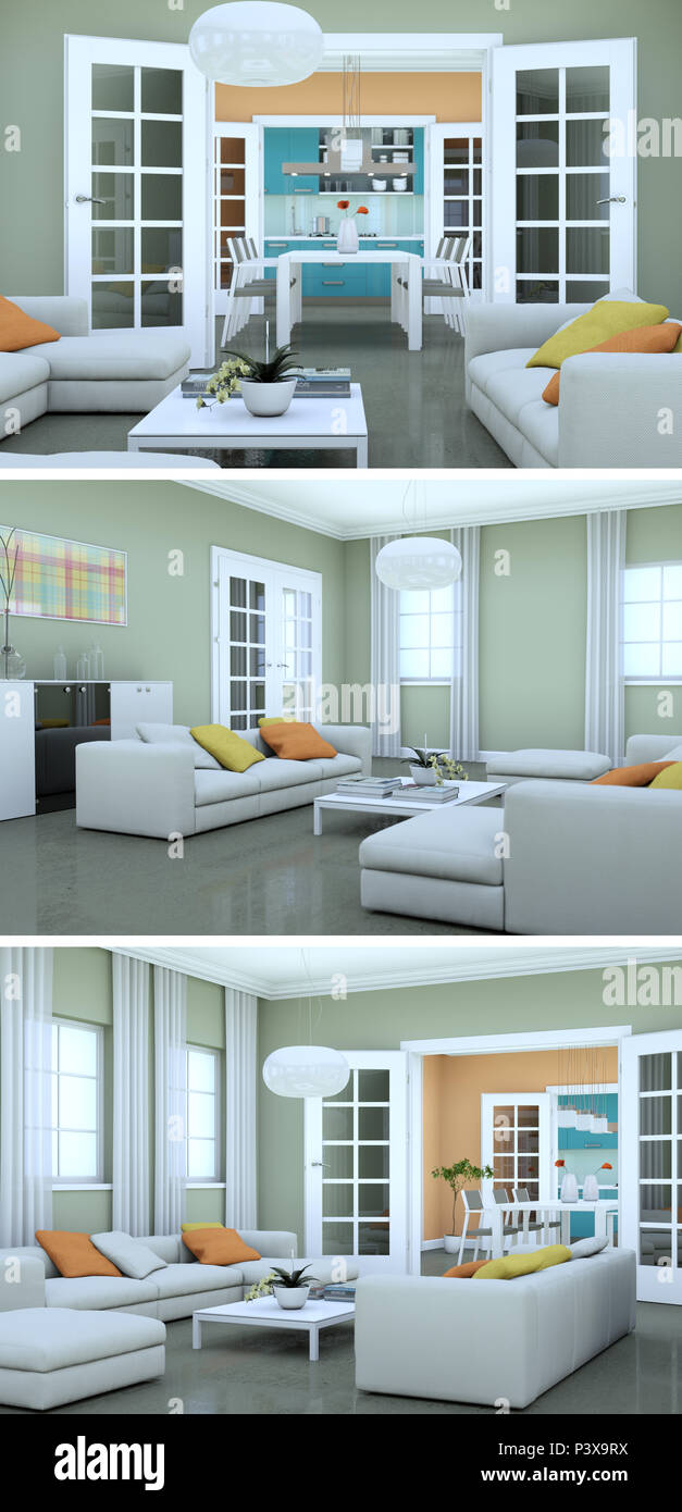 Three views of modern interior loft design with sofas 3d Rendering ... Three views of modern interior loft design with sofas 3d Rendering ...