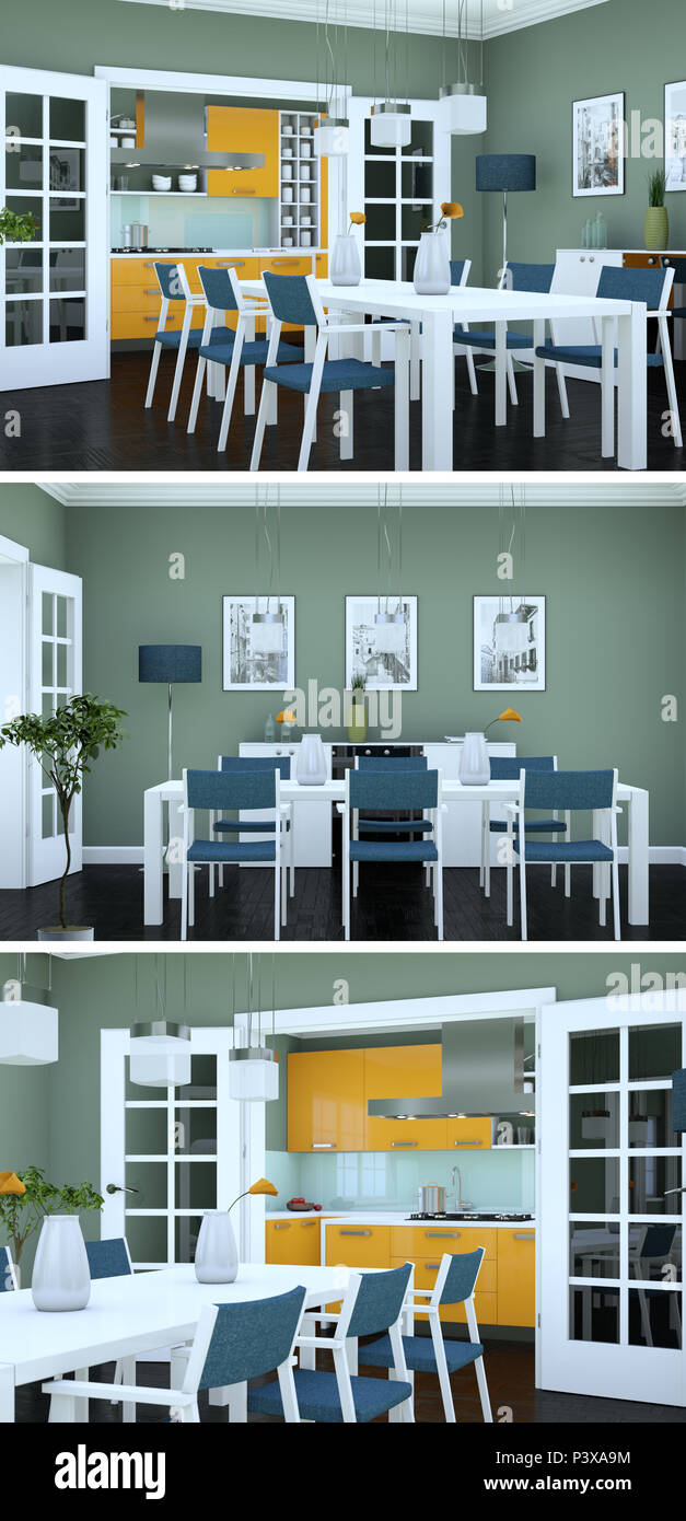 Three views of modern interior loft design 3d Rendering Stock Photo