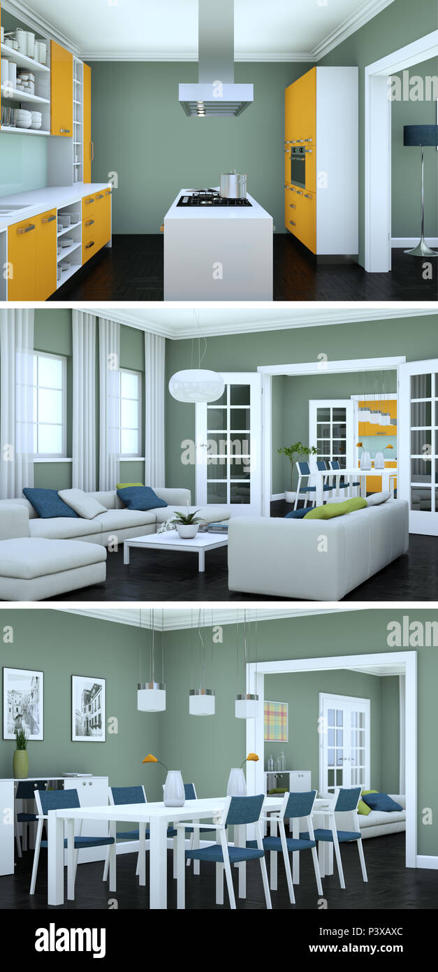 View of Three views of modern interior loft design 3d Rendering Stock Photo - Alamy