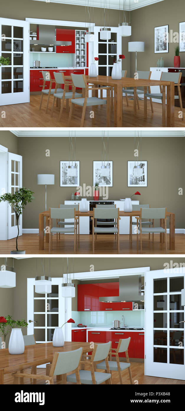 Three views of modern interior loft design 3d Rendering Stock Photo