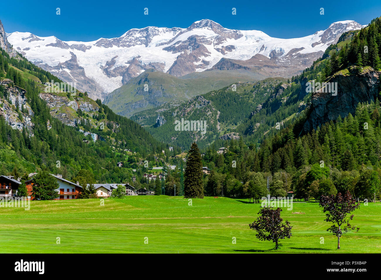 Summer view of Monte Rosa, Gressoney La Trinite, Aosta Valley, Italy Stock Photo