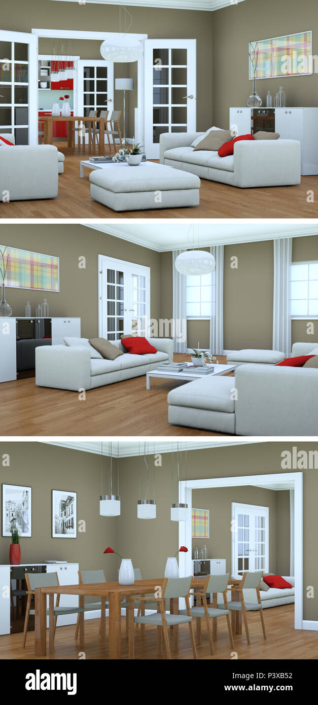 Three views of modern interior loft design 3d Rendering Stock Photo - Alamy - Three Dimensional By Integrated Lofts