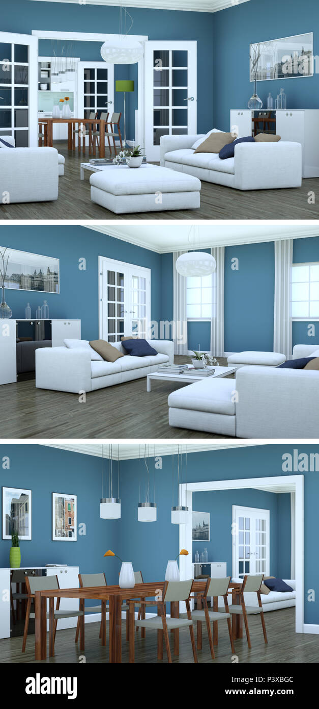 Three views of modern blue interior loft design 3d Rendering Stock ...
