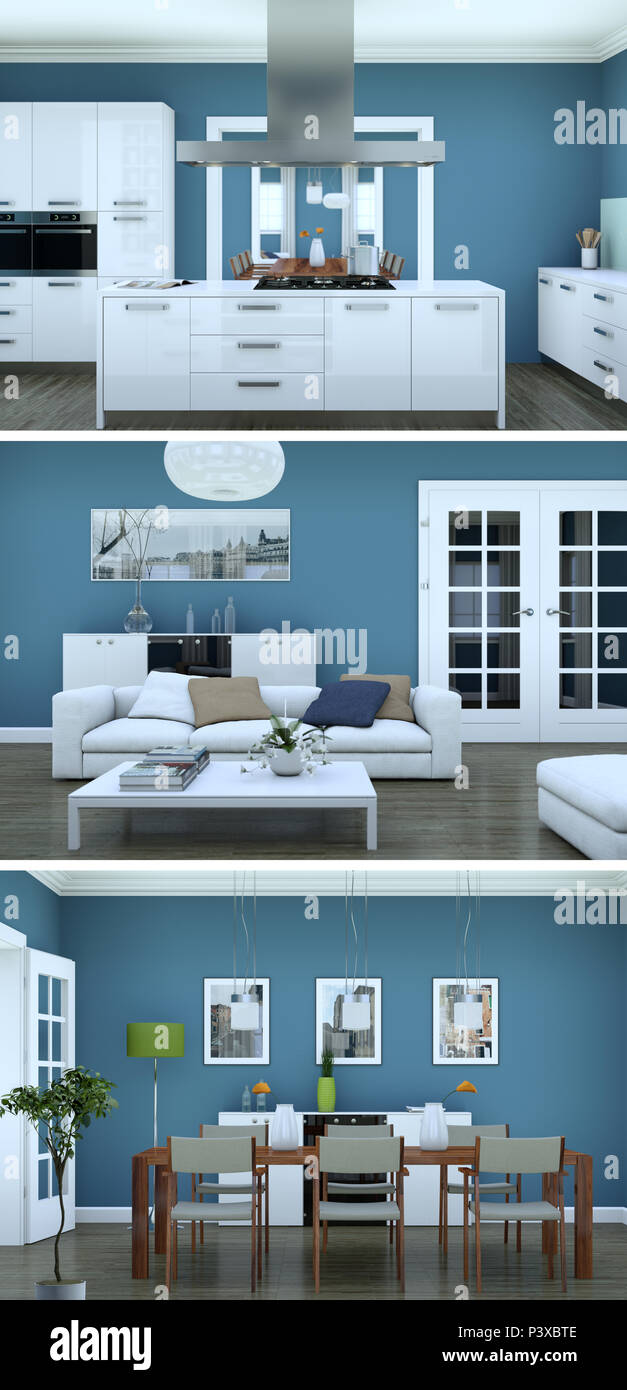 Three views of modern blue interior loft design 3d Rendering Stock Photo