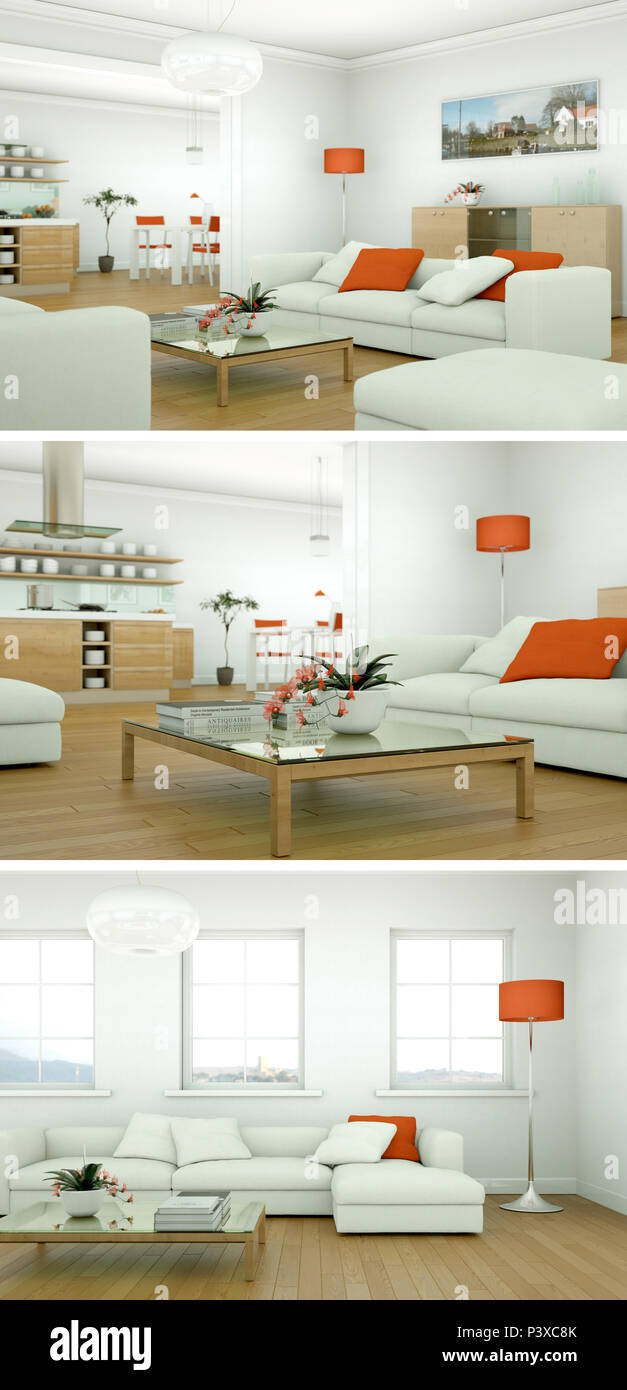 Three views of modern interior loft design 3d Rendering Stock Photo