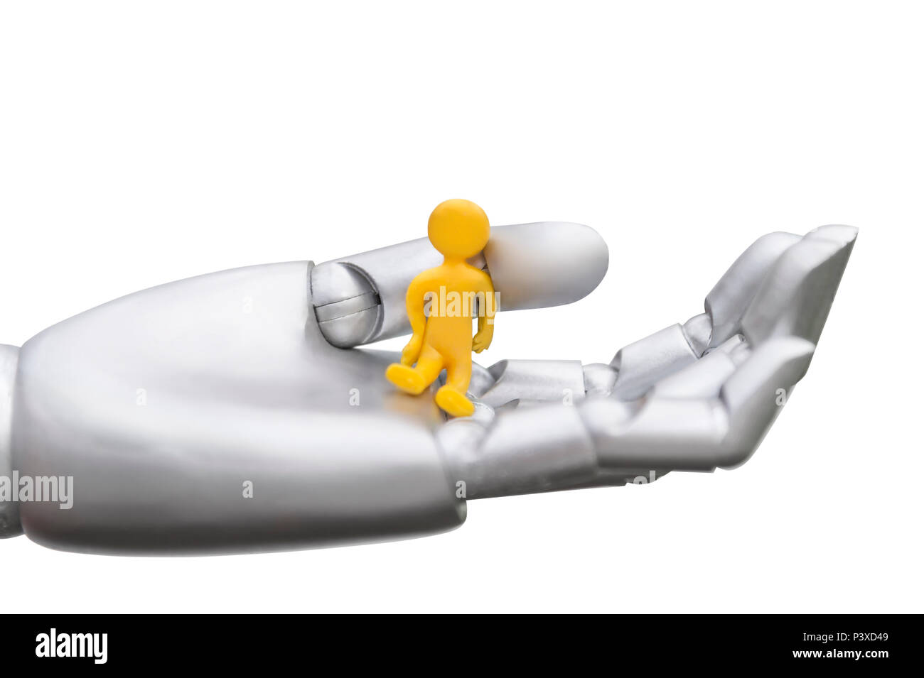 Conceptual photo of a robot hand symbolically holding a sitting male. The machine supports humans. Human can rest and be carried. Isolated in front of Stock Photo