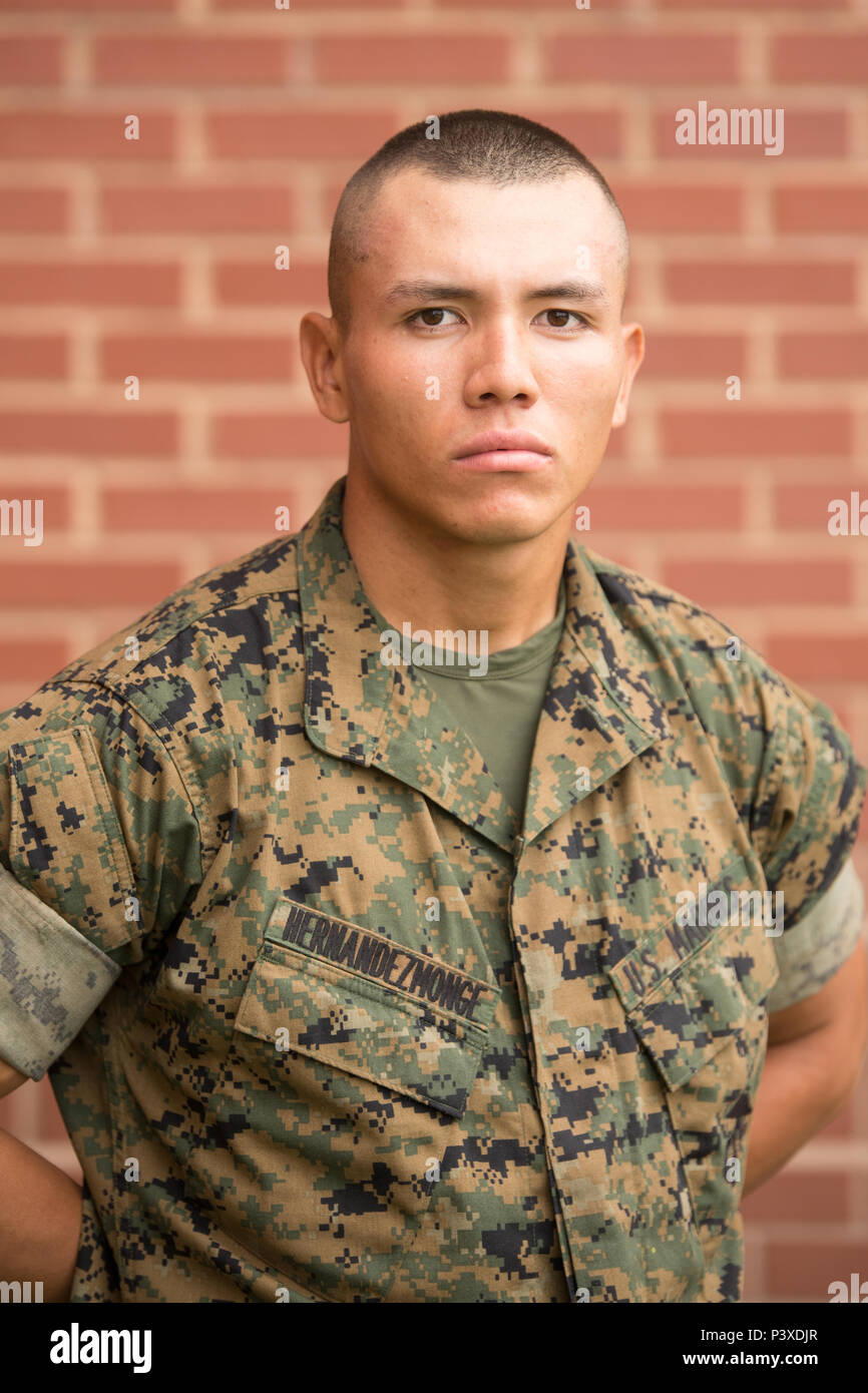 Pvt. Cristian Hernandez Monge, Platoon 1036, Charlie Company, 1st Recruit Training Battalion, earned U.S. citizenship June 1, 2017, on Parris Island, S.C. Before earning citizenship, applicants must demonstrate knowledge of the English language and American government, show good moral character and take the Oath of Allegiance to the U.S. Constitution. Hernandez Monge, from Marlborough, Mass, originally from El Salvador, is scheduled to graduate June 2, 2017. (Photos by Lance Cpl. Joseph Jacob) Stock Photo