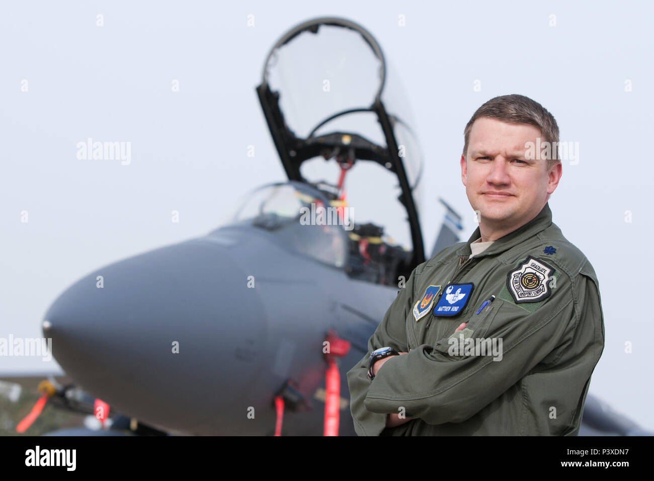 Lt. Col. Matthew Hund, then the 492nd Fighter Squadron commander, stands in  front of an F-15E Strike Eagle during exercise INIOHOS 16 at Andravida Air  Base, Greece, April 7, 2016. The 492nd