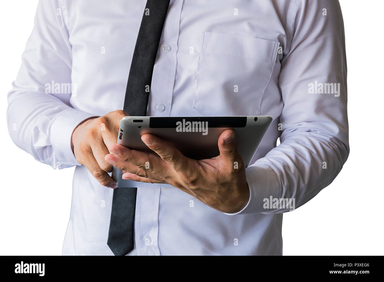 Men wear white shirt, black tie, trustworthy businessman, in handheld tablet running, with finger on the screen. Stock Photo