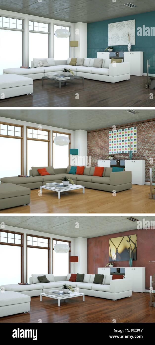 3d Illustration of three color variations of a modern loft interior ...
