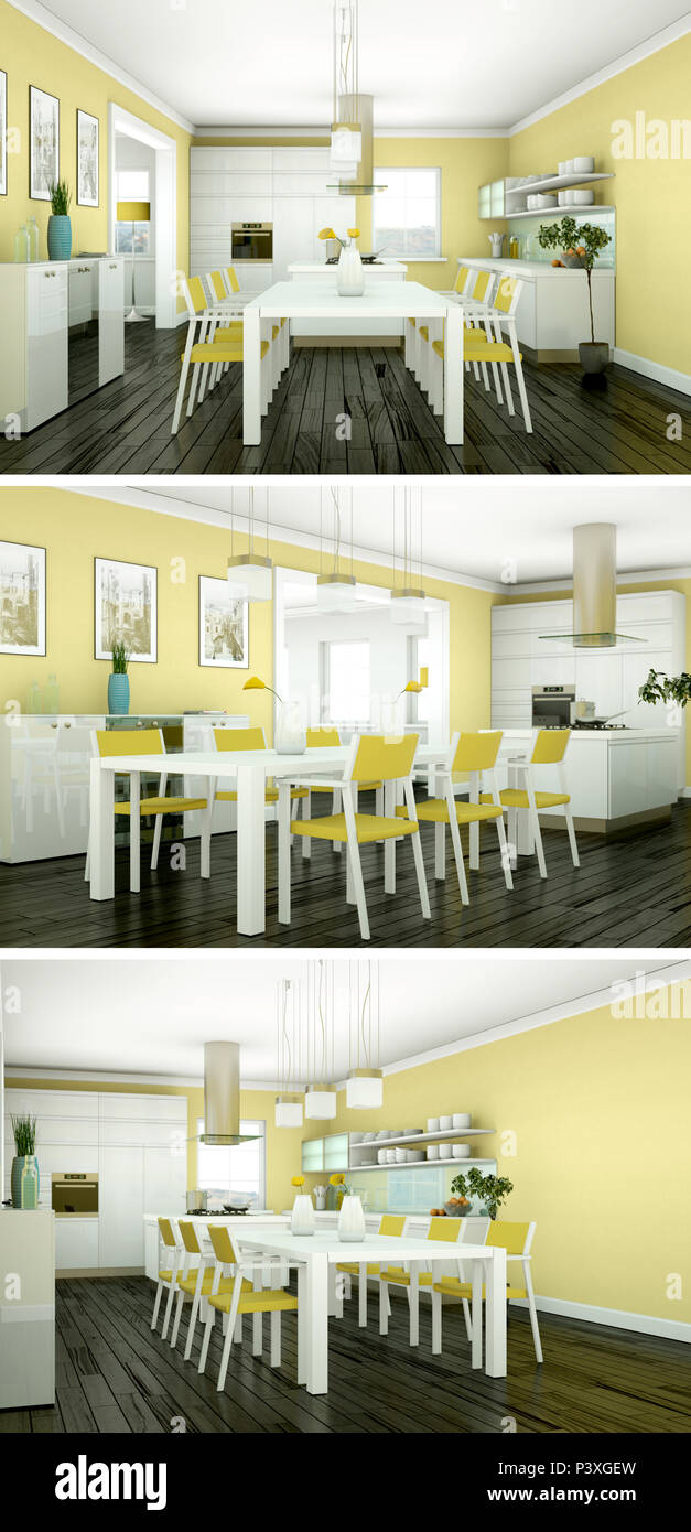 Three views of modern interior loft design 3d Rendering Stock Photo - Alamy