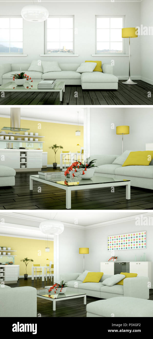 Image showcasing Three views of modern interior loft design 3d Rendering Stock Photo - Alamy