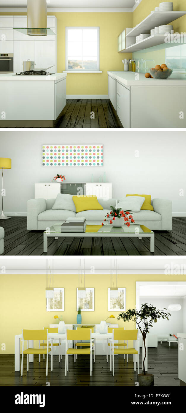 Three views of modern interior loft design 3d Rendering Stock Photo - Alamy