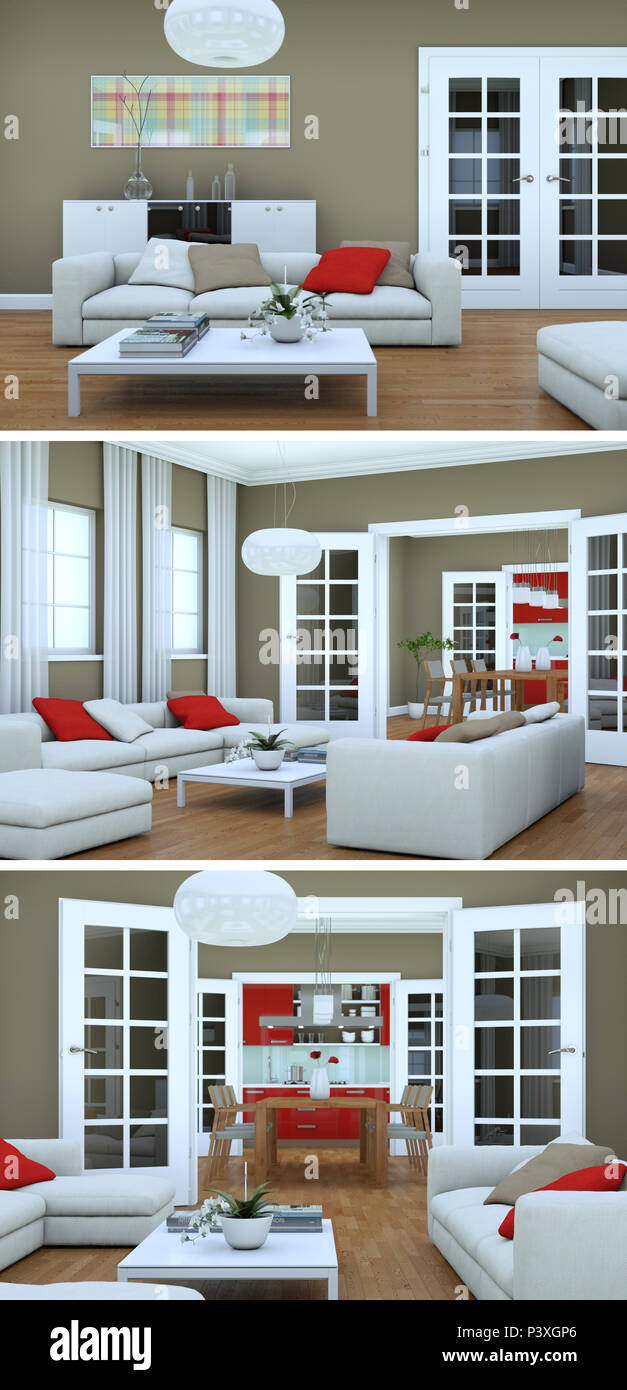 Picture of Three views of modern interior loft design 3d Rendering Stock Photo - Alamy