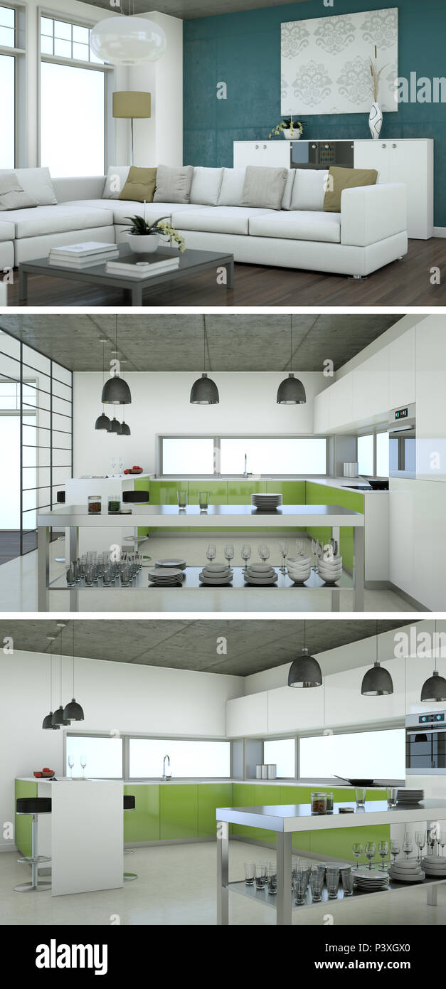 Picture of Three views of modern interior loft design 3d Rendering Stock Photo - Alamy