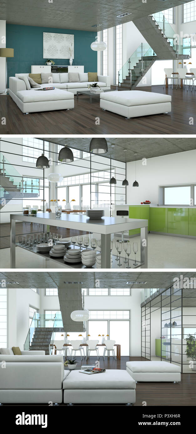 Image showcasing Three views of modern interior loft design 3d Rendering Stock Photo - Alamy