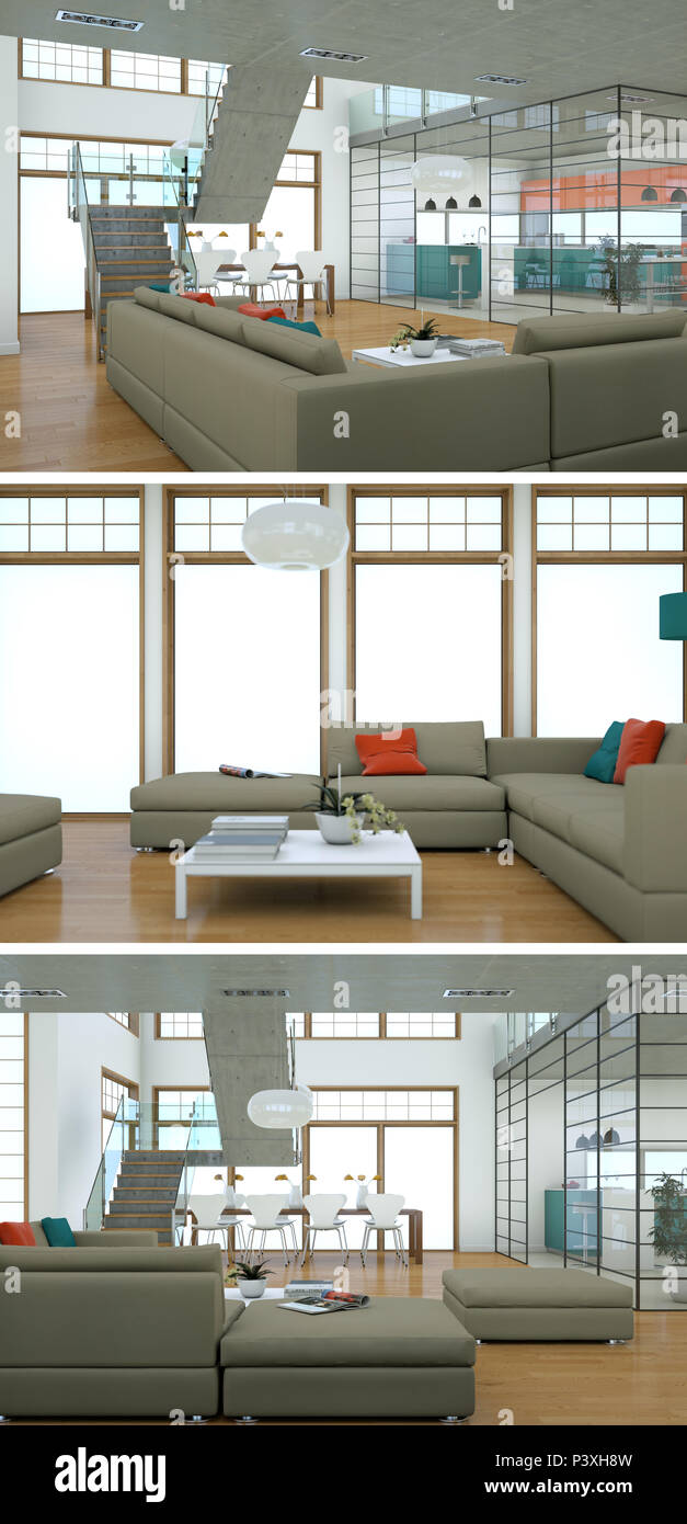 Three views of modern interior loft design 3d Rendering Stock Photo