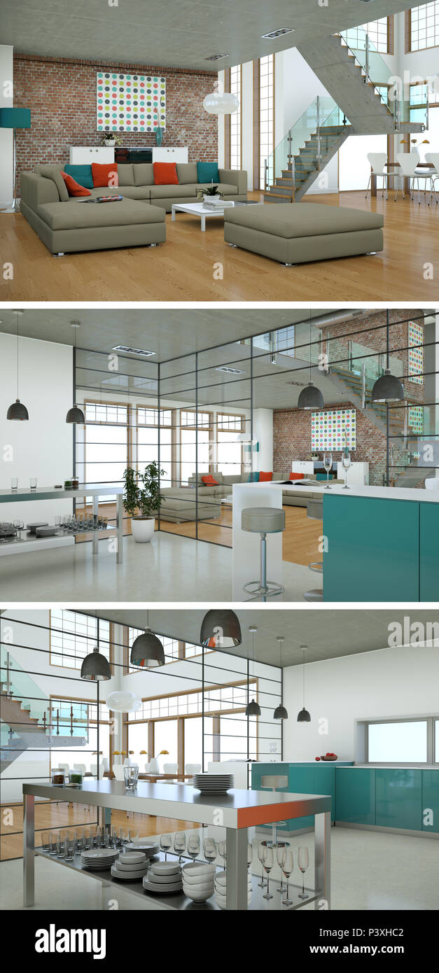 View of Three views of modern interior loft design 3d Rendering Stock Photo - Alamy