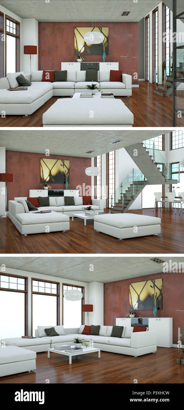 View of Three views of modern interior loft design 3d Rendering Stock Photo - Alamy