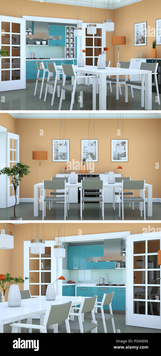 Three views of modern interior loft design 3d Rendering Stock Photo