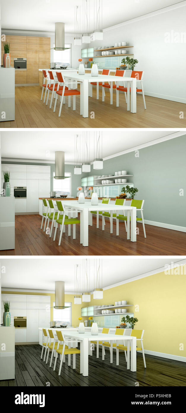 3d Illustration of three color variations of a modern loft interior ...
