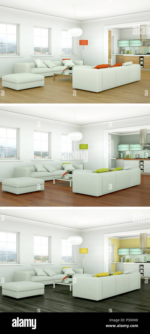 3d Illustration of three color variations of a modern loft interior ...