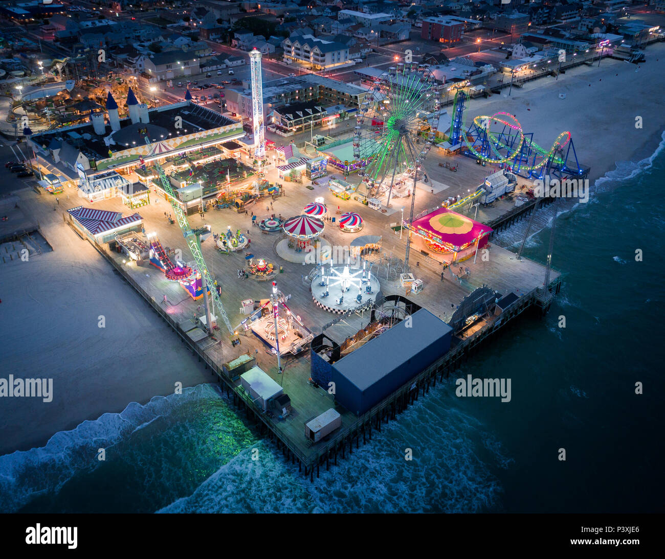 Aerial view of an amusement park on the boardwalk at the Jersey Shore in Seaside Heights, New Jersey Stock Photo