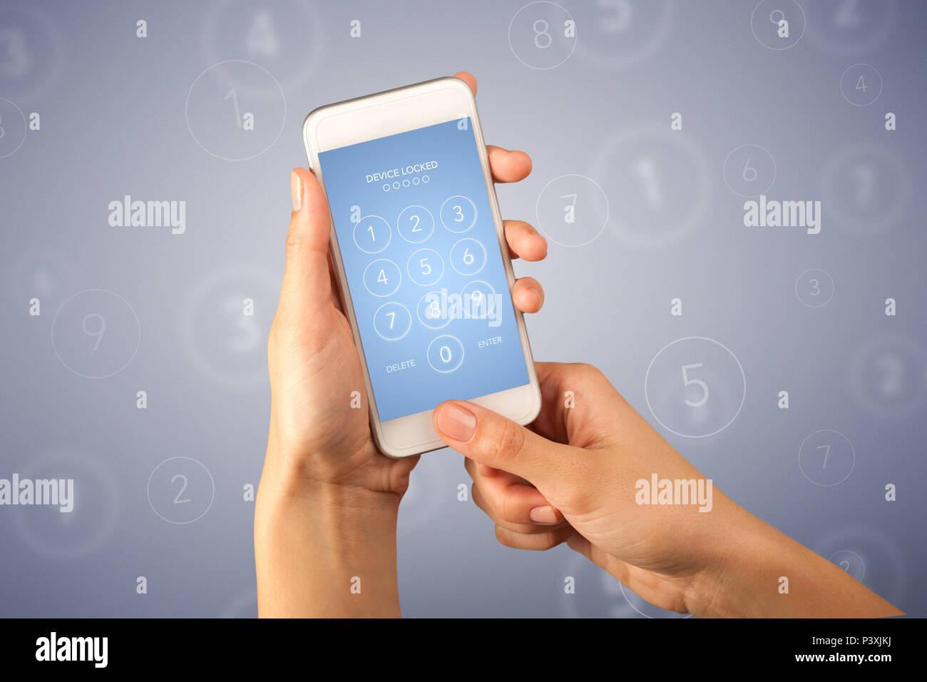 Female fingers touching smartphone with locked device requiring