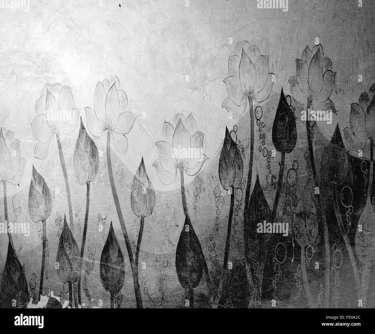 old thai wallpaper monochrome  of lillys in a old thai temple Stock Photo