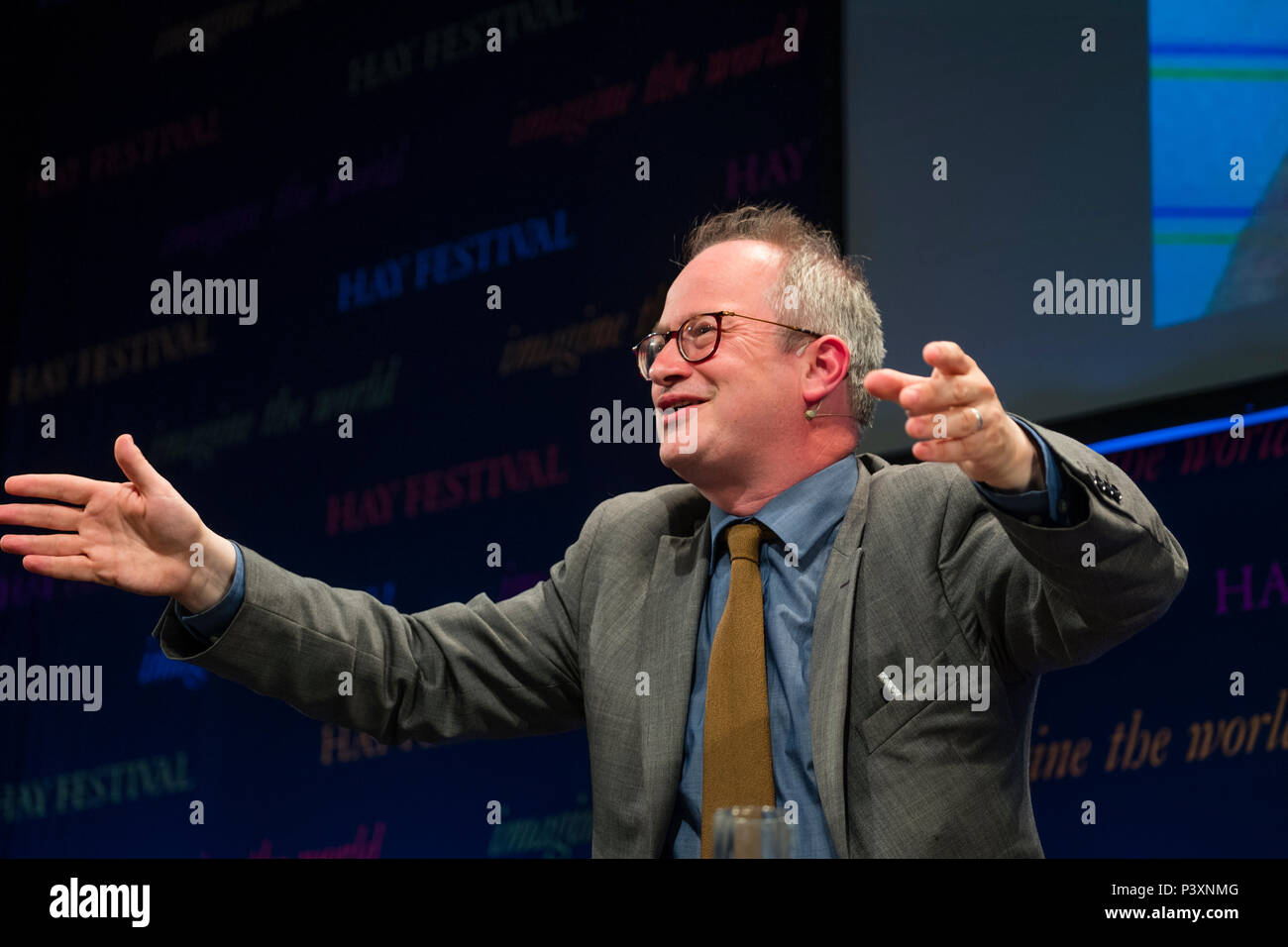 ROBIN INCE,,  English comedian, actor and writer. He is best known for presenting the BBC radio show The Infinite Monkey Cage with physicist Brian Cox.  Photographed at the 2018 Hay Festival of Literature and the Arts.  The annual festival  in the small town of Hay on Wye on the Welsh borders , attracts  writers and thinkers from across the globe for 10 days of celebrations of the best of the written word, political though  and literary debate Stock Photo