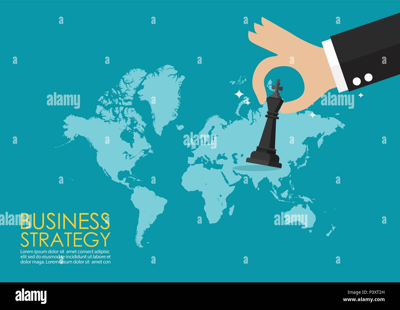 Hand holding chess figure with world map infographic. Business strategy concept Stock Vector