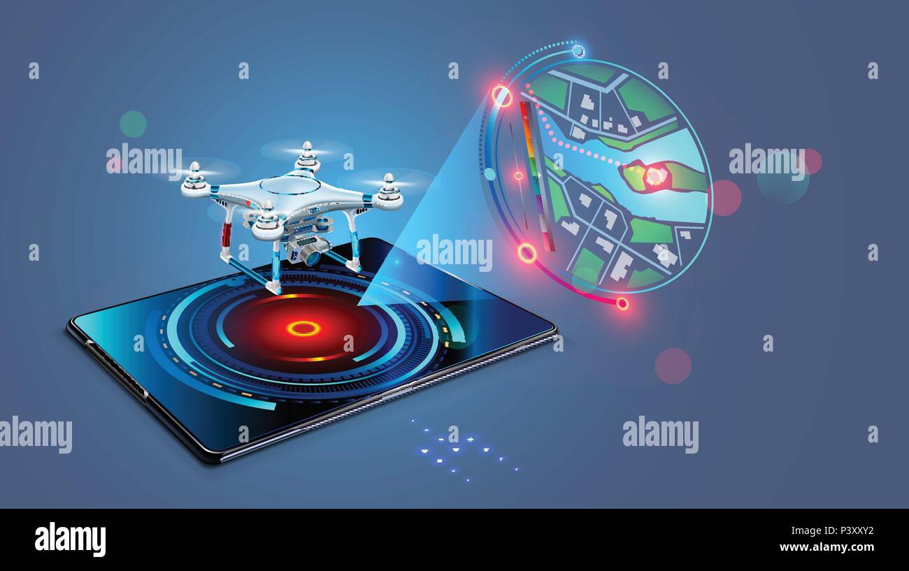 Drone with video camera flys on assigned route and transmit streaming fpv video on screen tablet. Navigation digital map of autonomous or wireless remoted drone. Stock Vector