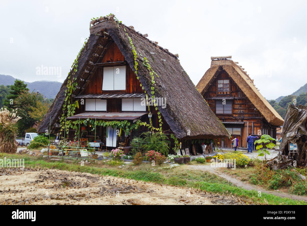 Traditional wooden houses in Shirakawa-go village, one of UNESCO's World Heritage Sites in Japan Stock Photo