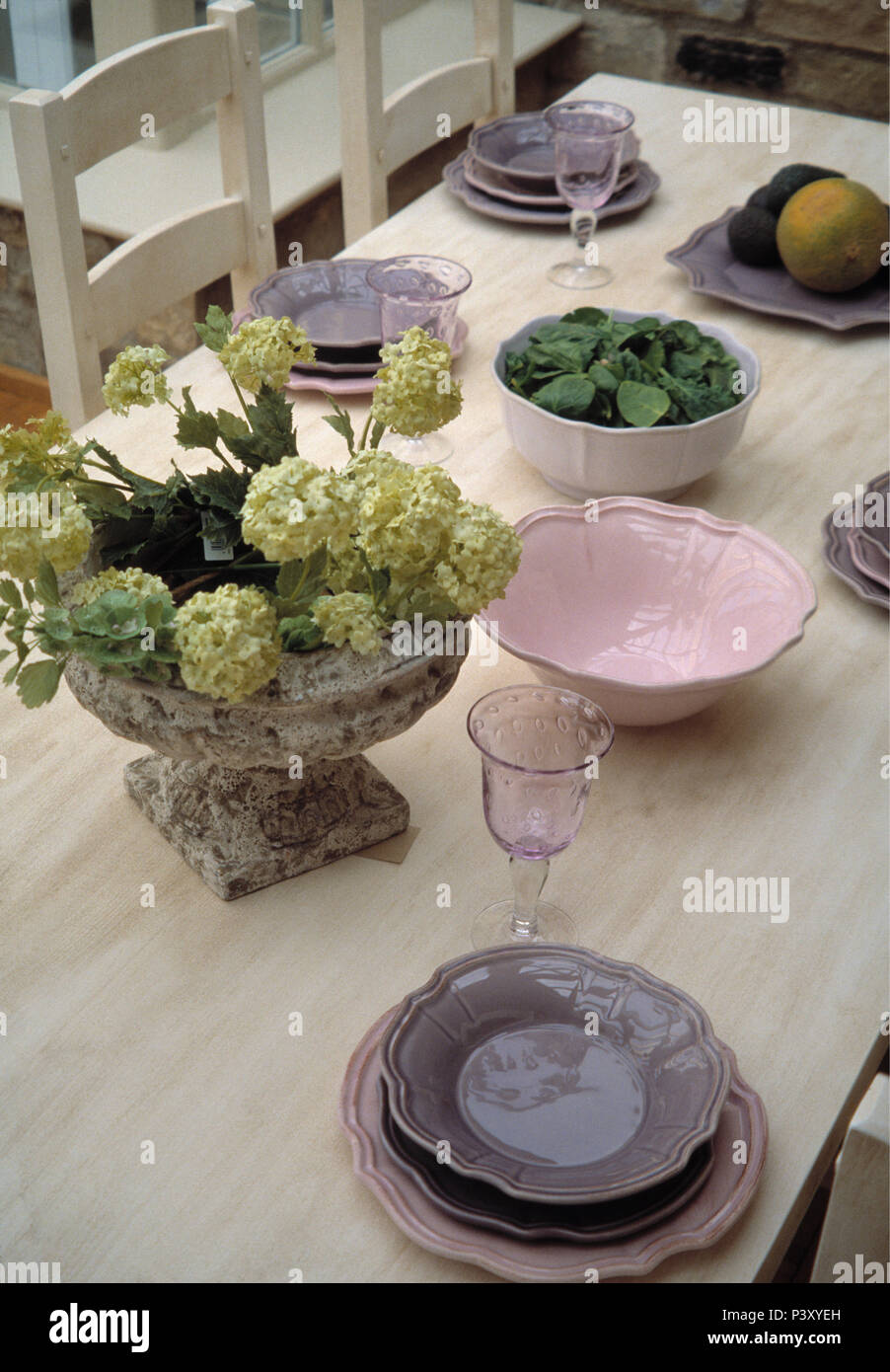 Close-up of mauve and pink crockery on limed wood table with green hydrangeas in stone vase Stock Photo