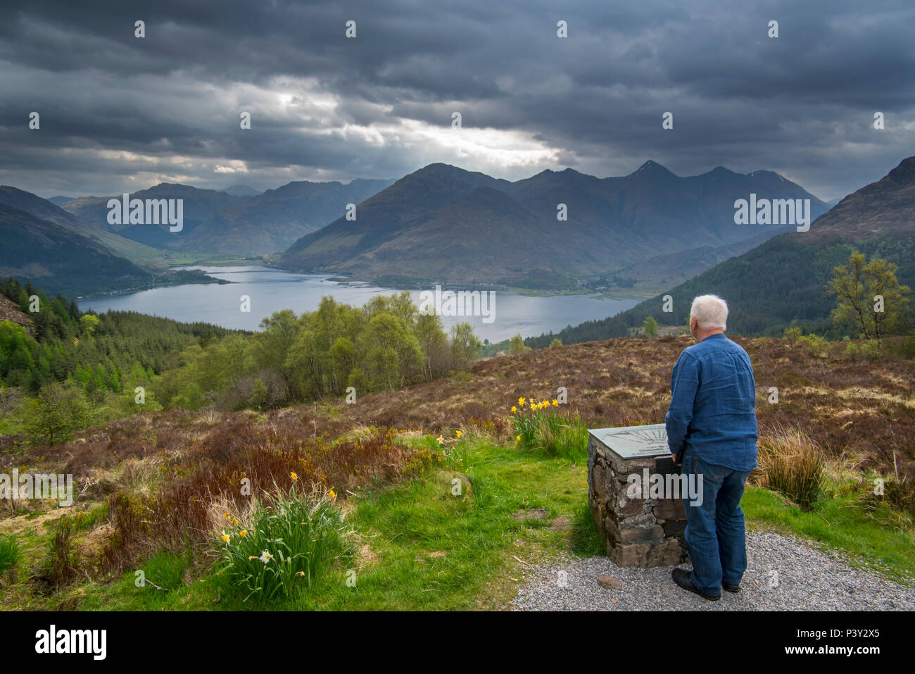 Orientation table at the Bealach Ratagain / Ratagan viewpoint with names of the mountain summits of the Five Sisters of Kintail, Highland, Scotland Stock Photo