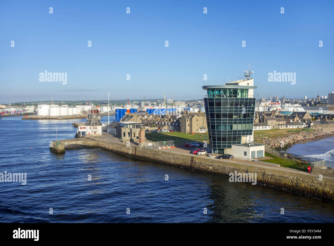 Marine Operations Centre and old harbour master's control tower at entrance to the Aberdeen port, Aberdeenshire, Scotland, UK Stock Photo